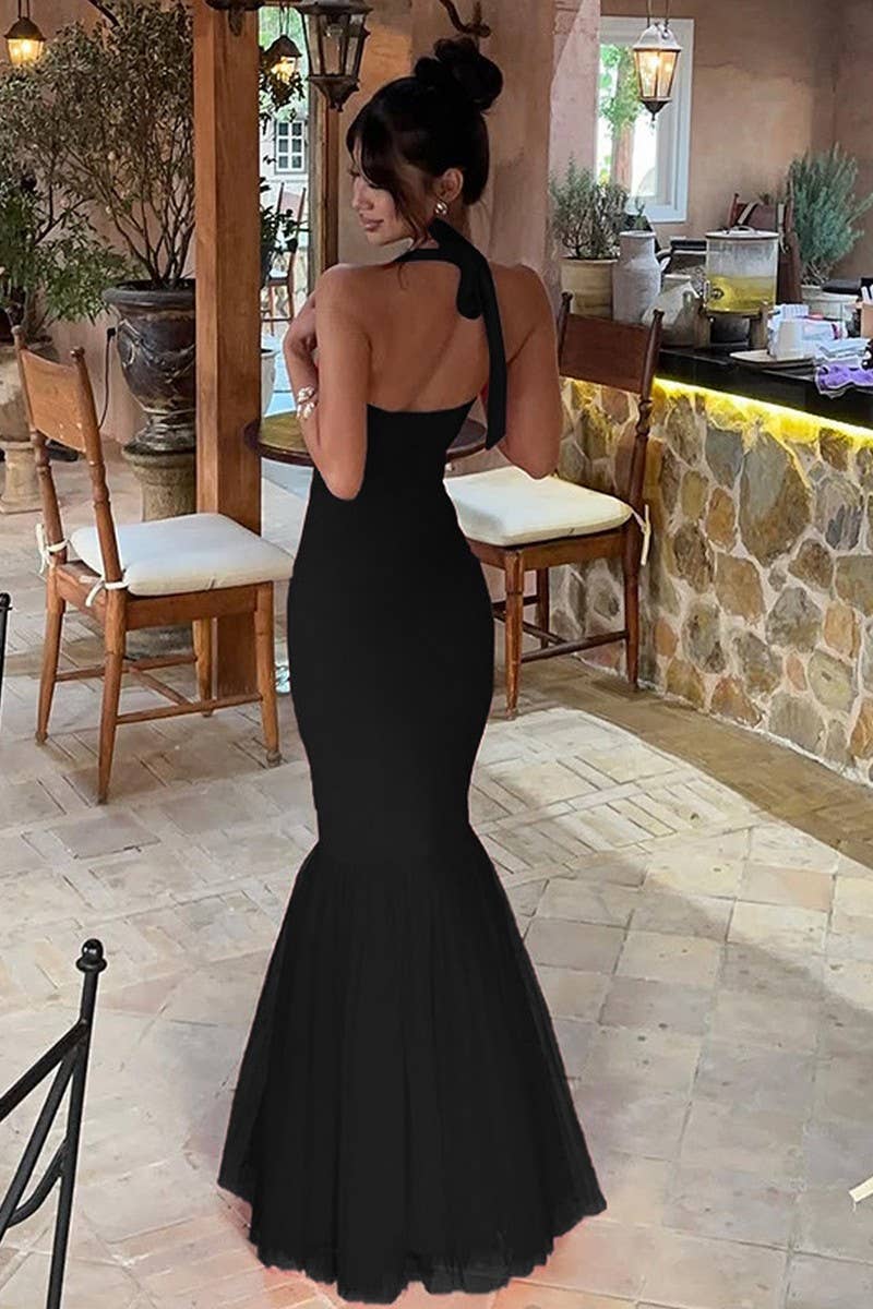 CWDHL0794_HALTER NECK FISHTAIL BACKLESS STITCHING DRESS