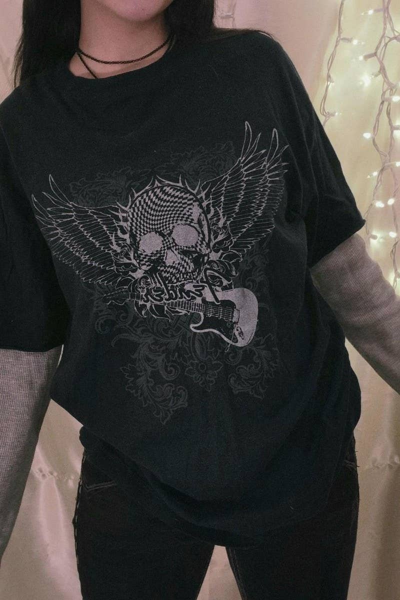 CWTBLL3164_FAKE TWO-PIECE STITCHING PRINTED SKULL TOP