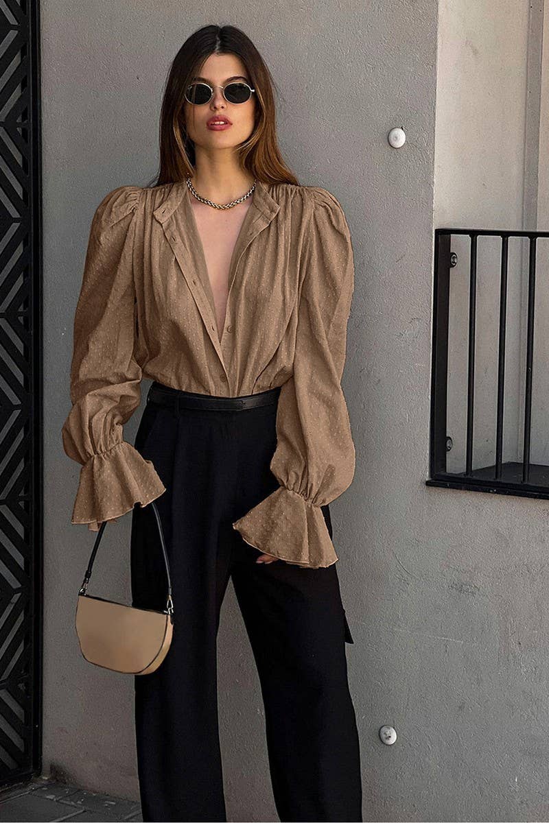 CWTSTL909_SOLID COLOR JACQUARD PUFF SLEEVE LONG SLEEVE TOP