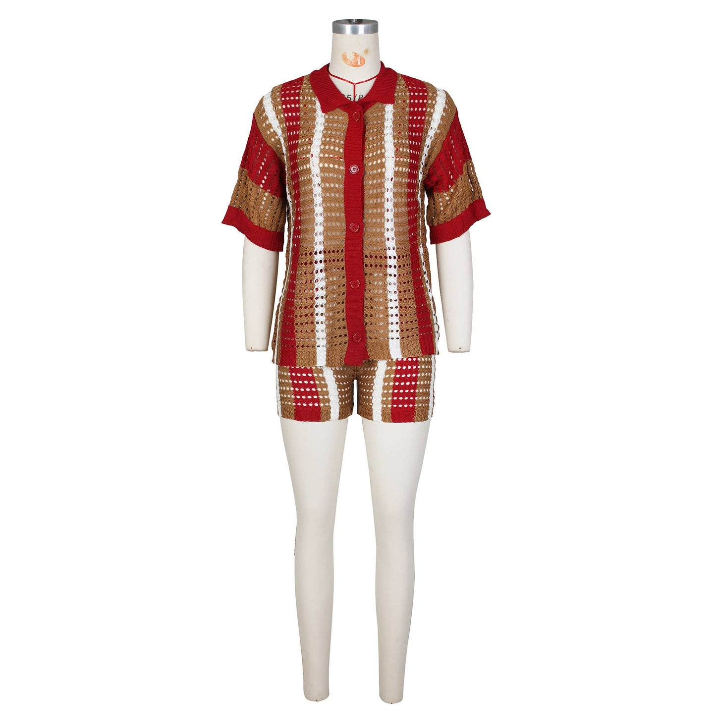 CUT-OUT SEE-THROUGH LAPEL KNIT SHORTS SET