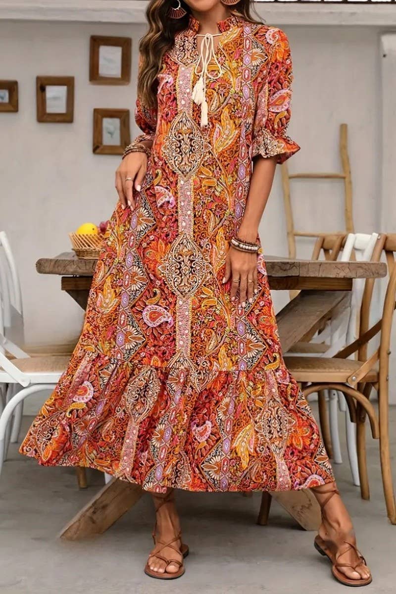 CWDMD4101_PRINTED ELBOW SLEEVE TIE-TIE RUFFLE DRESS