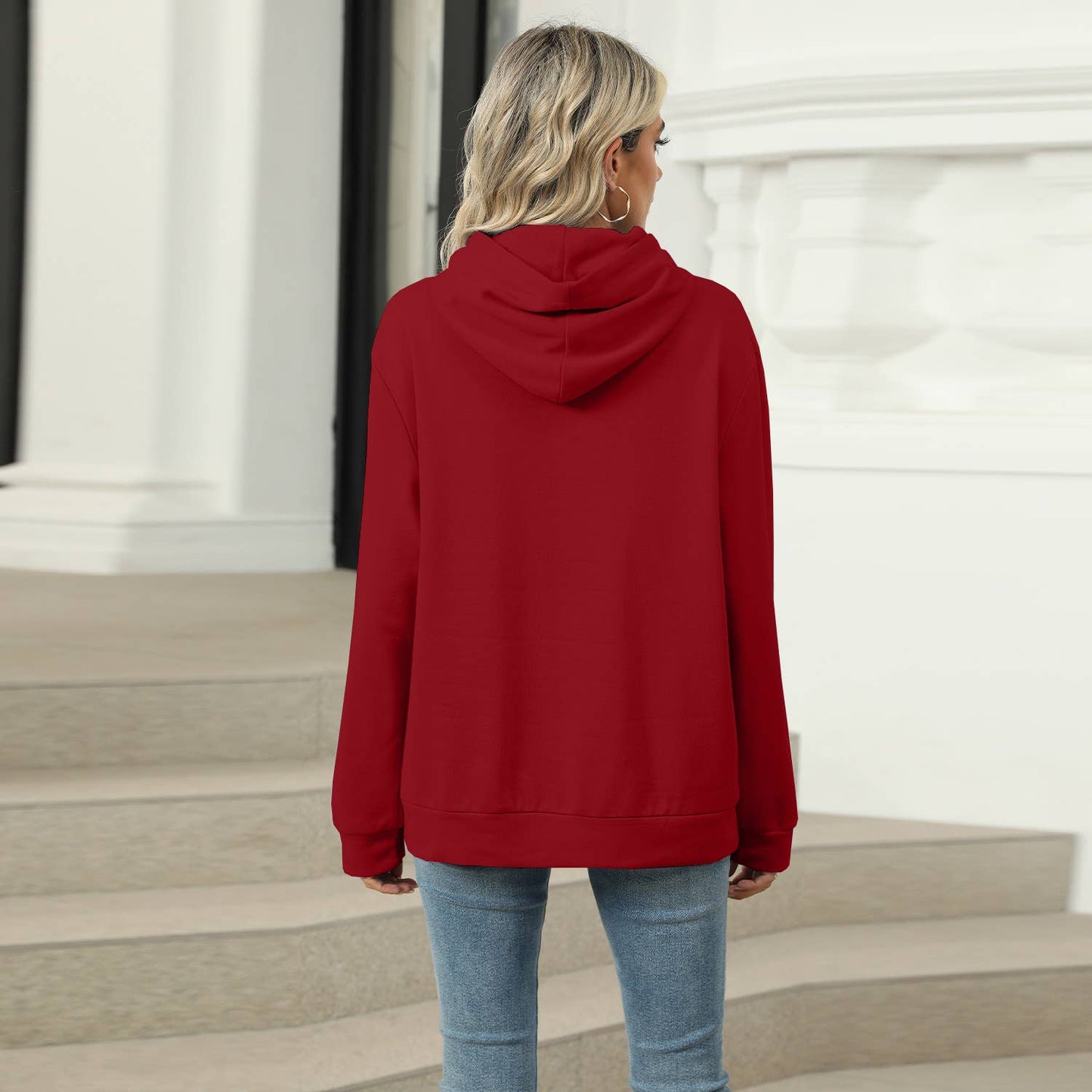 CASUAL HOODED POCKET HOODIE SOLID COLOR TOP