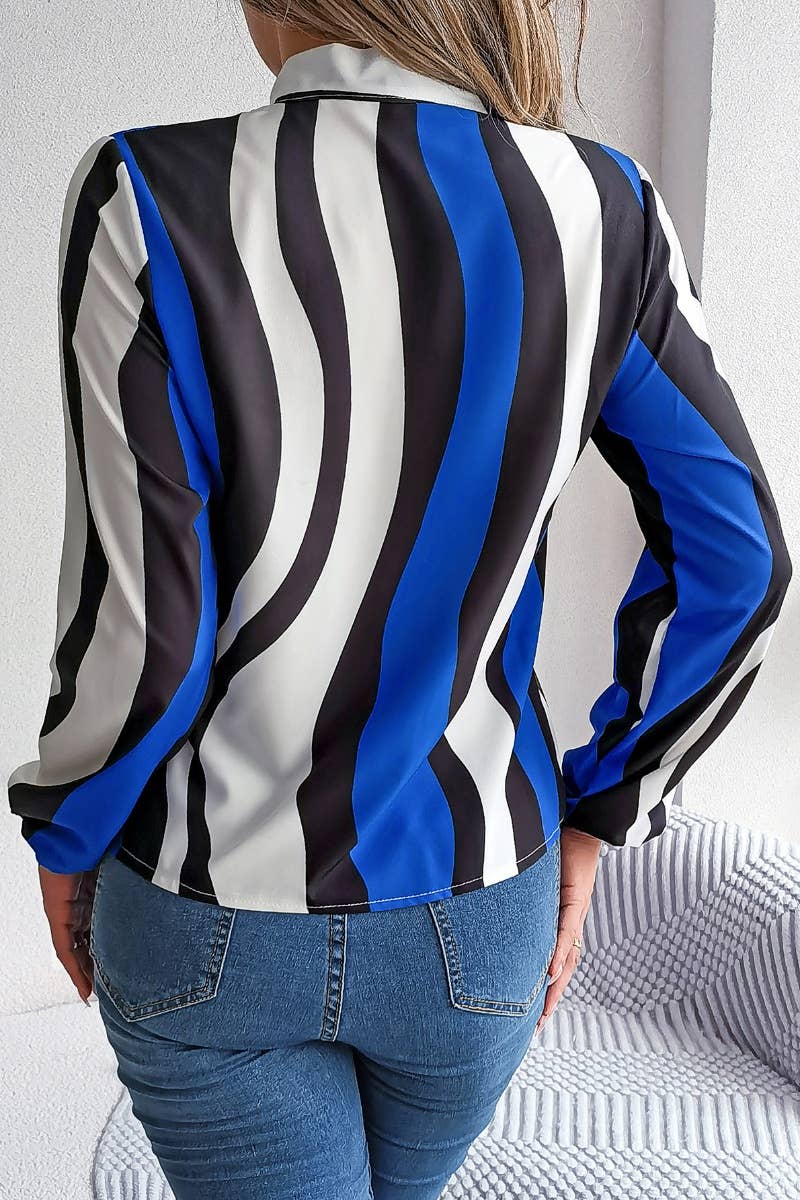 CWTSTL1207_LONG SLEEVE STRIPED LACE-UP CHIFFON SHIRT TOP