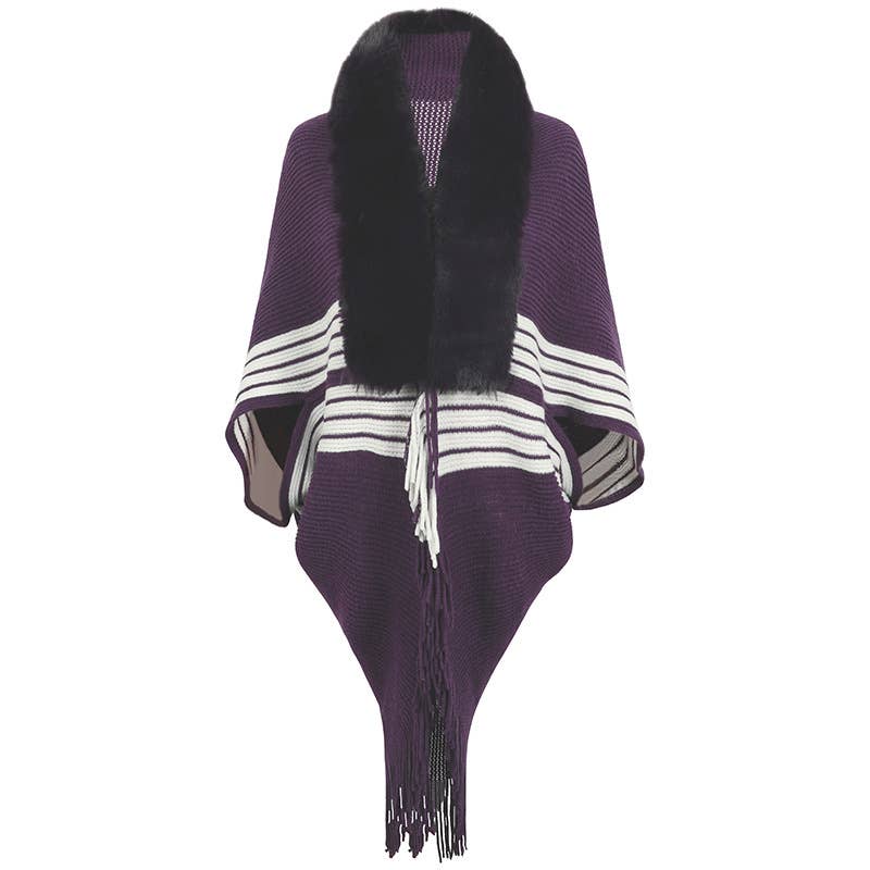 FRINGE CAPE SHAWL KNIT STRIPED FUR COLLAR SCARF