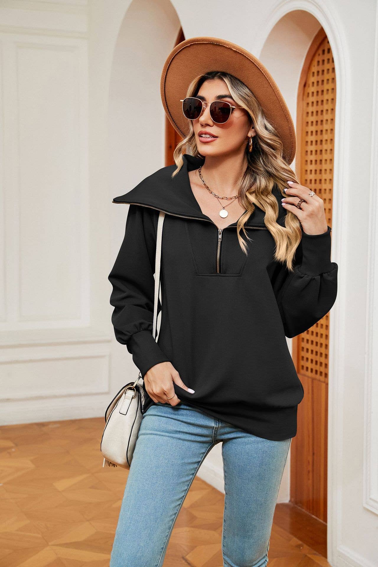 Casual lapel shawl long-sleeved zipper hoodie
