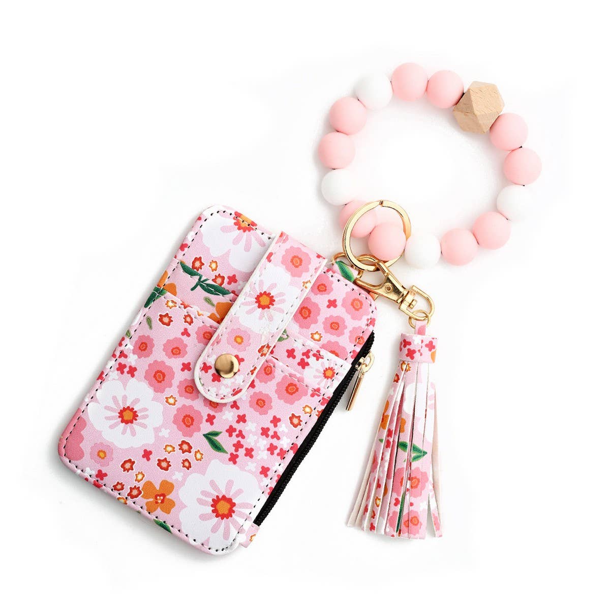 Floral Print PU Wallet with Silicone Bead Keychain_CWAB4930