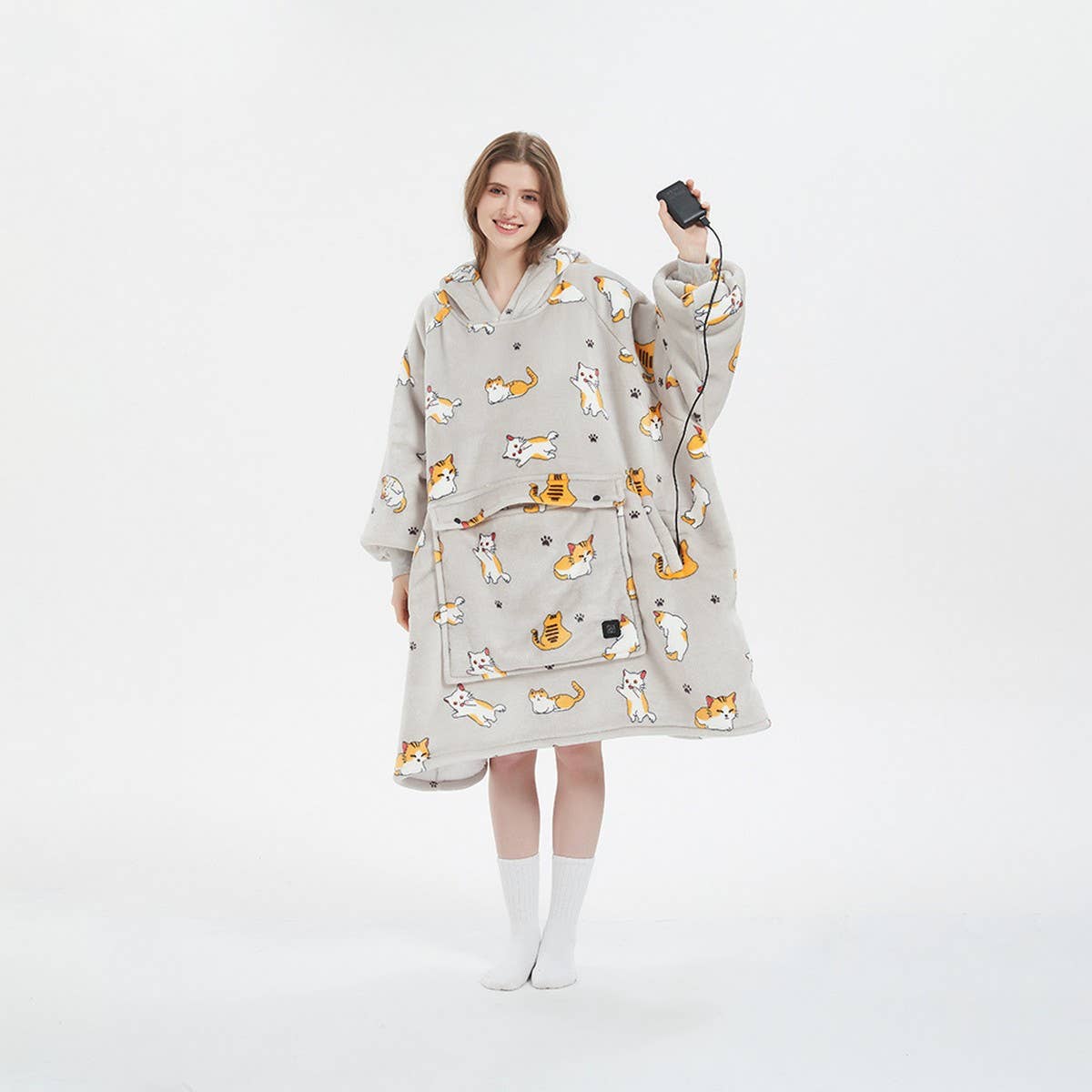 USB Heated Hoodie Blanket Double-Layer Flannel