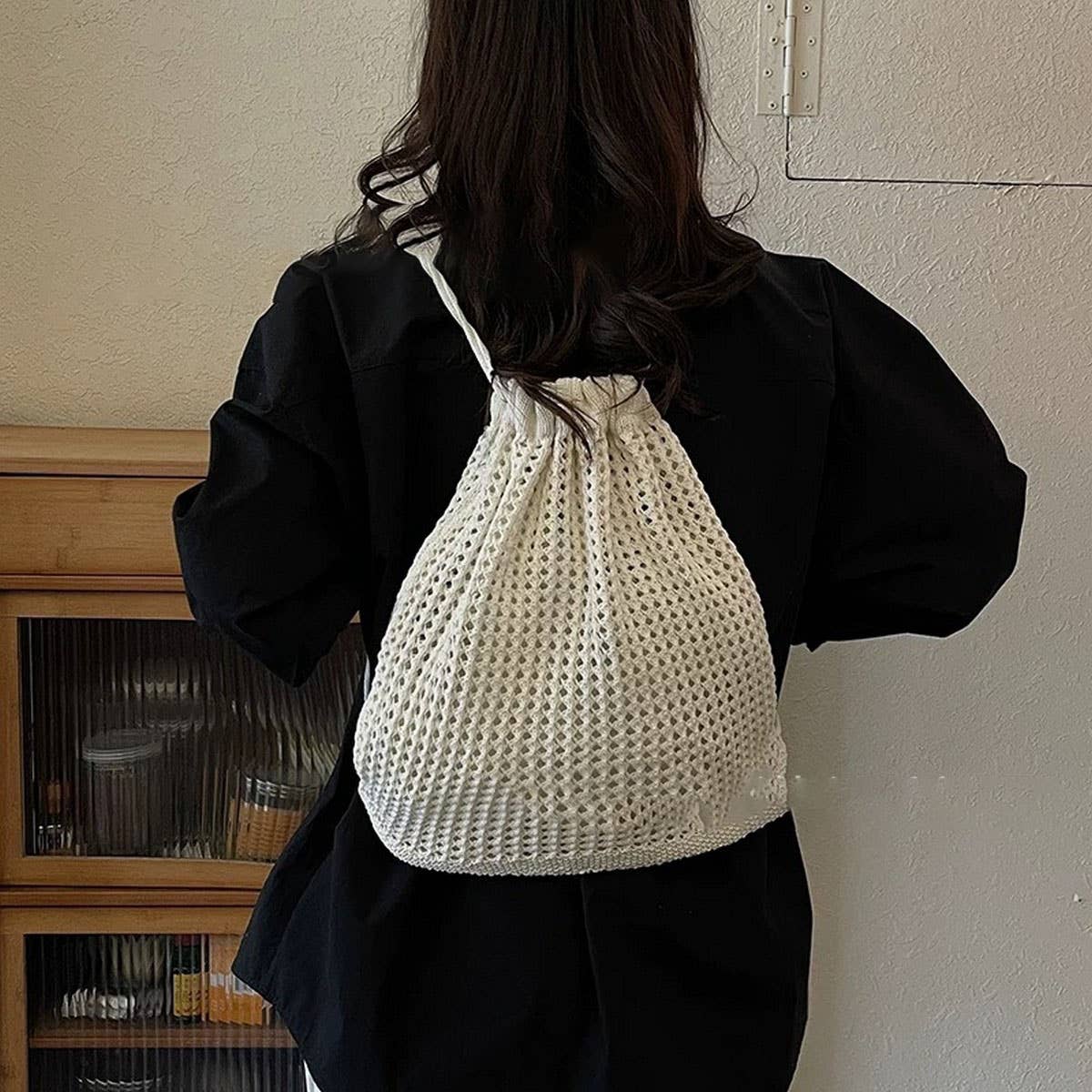 CUAB00623_2025 KHAKI KNIT BACKPACK WOMEN CASUAL WOVEN BAG