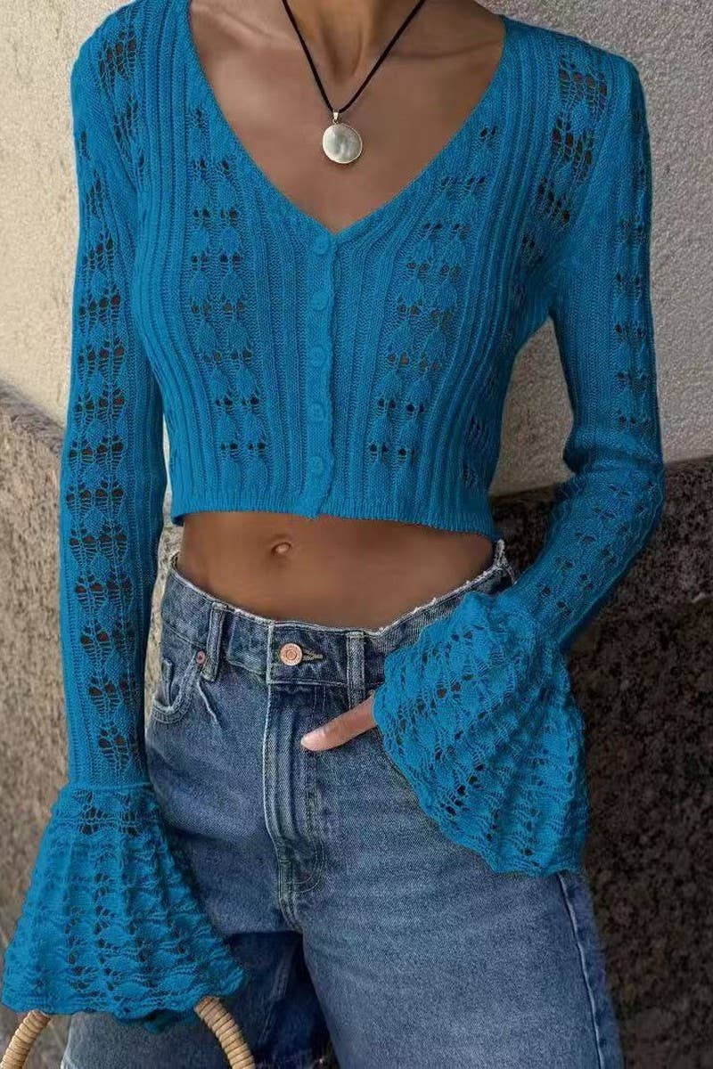 CWTTL2015_KNITTED SEXY HOLLOW TRUMPET SLEEVE TOP CARDIGAN