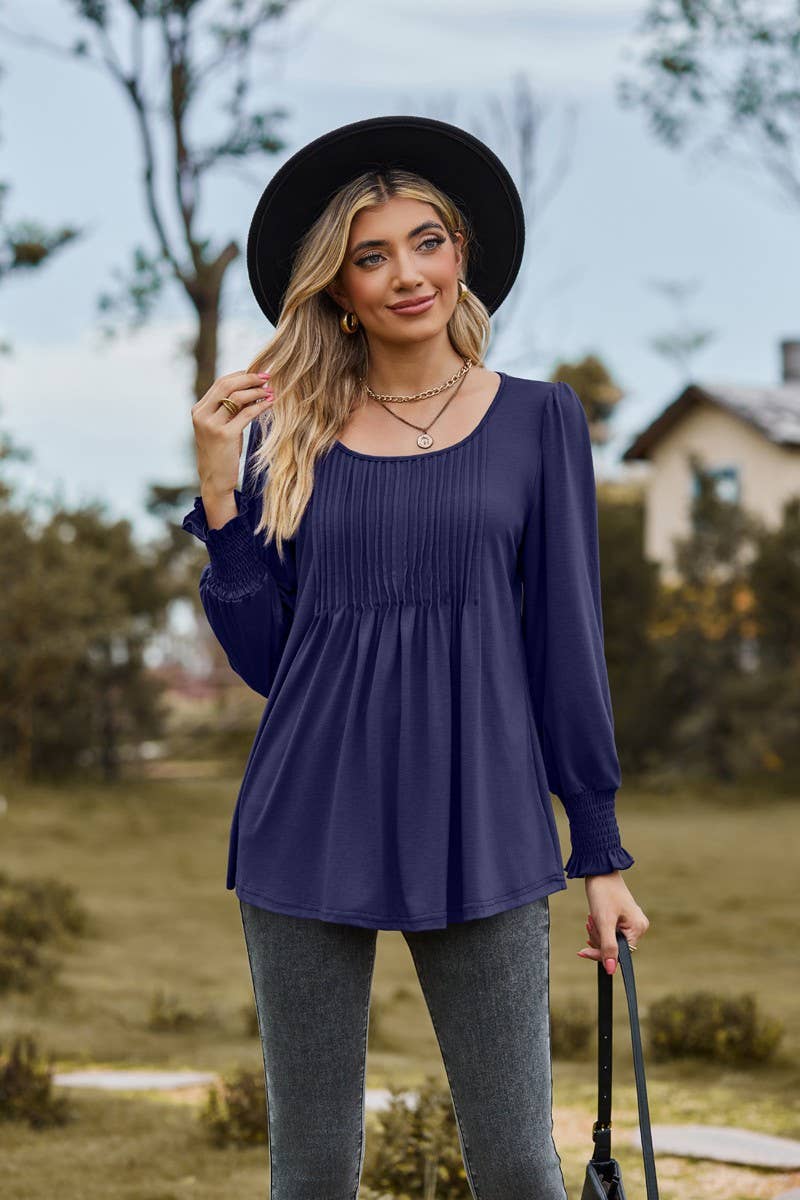 CWTBLL3687_NEW AUTUMN SOLID COLOR ROUND NECK DRAW CUFFS TOP