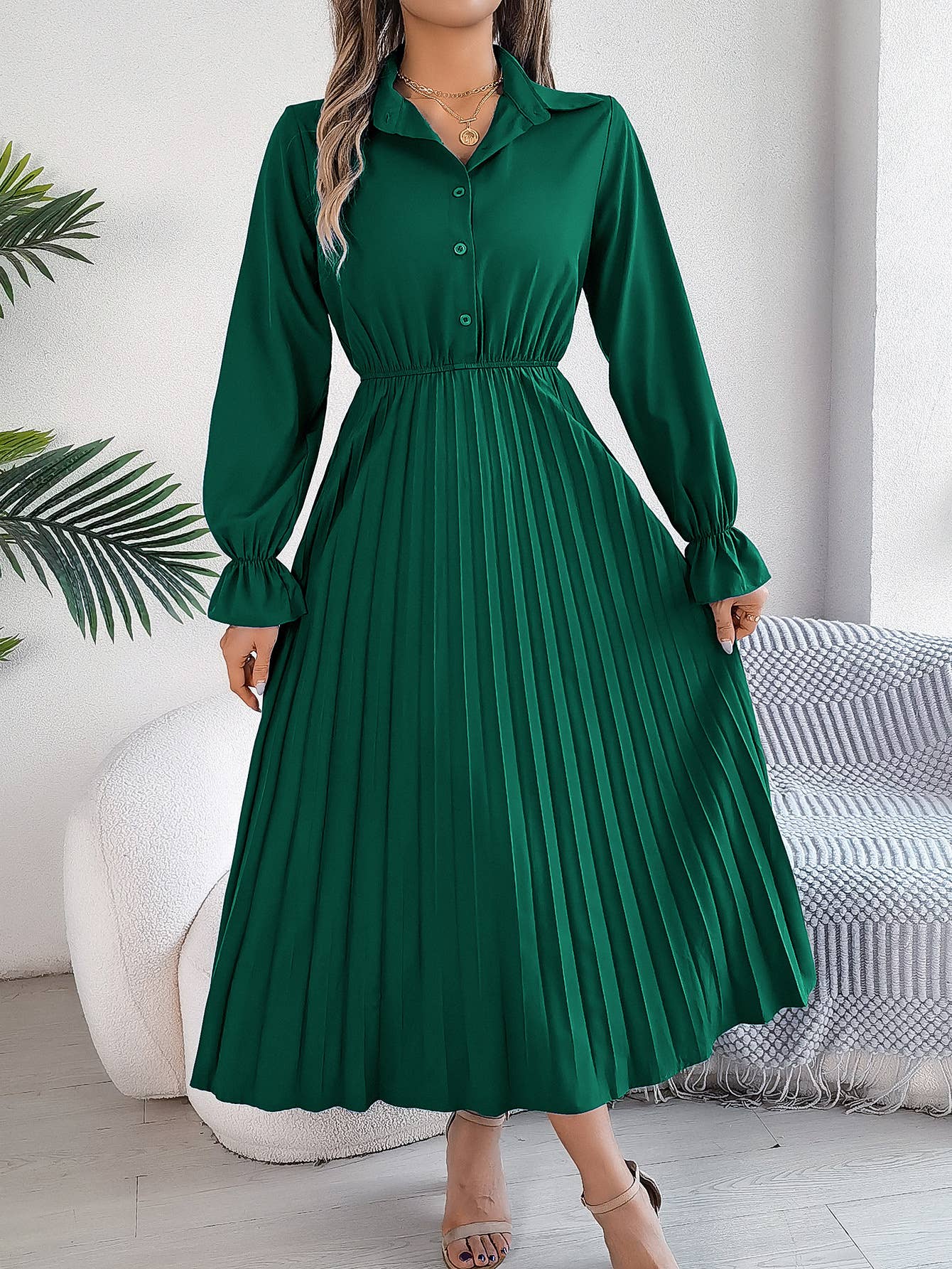 CASUAL LAPEL BUTTON WAIST PLEATED LONG DRESS