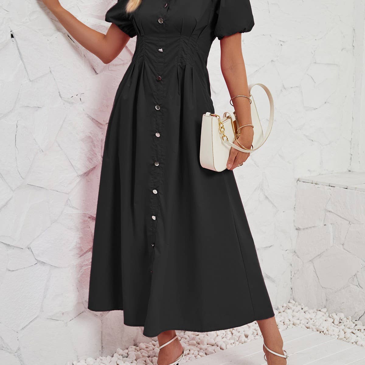 Button-down waist cotton shirt dress
