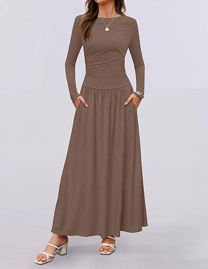 CREW NECK PLEATED POCKET SLIM LONG-SLEEVE DRESS