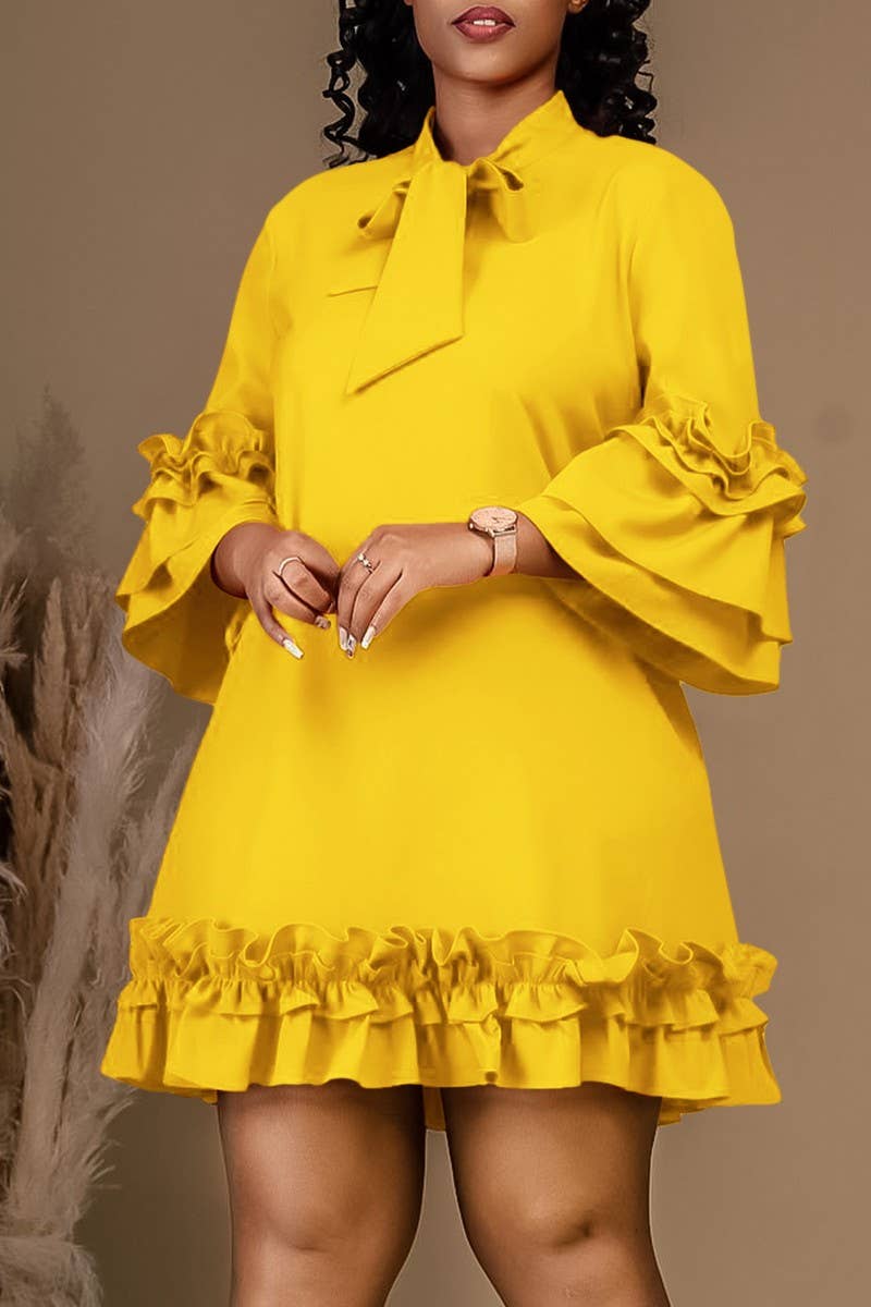 CWDSD10890_2025 PLUS SIZE WOMEN RUFFLE SLEEVE TIE WAIST DRES