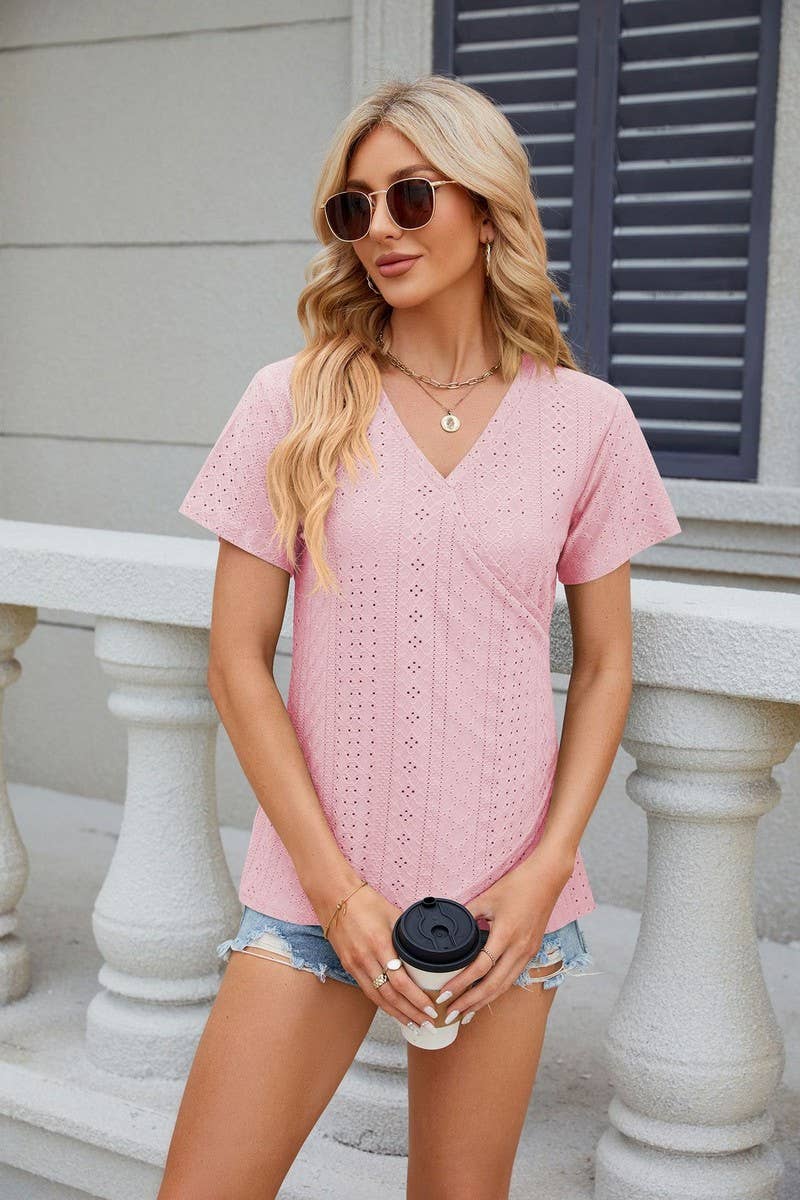 CWTTS0847_V-Neck Short Sleeve Knit Top