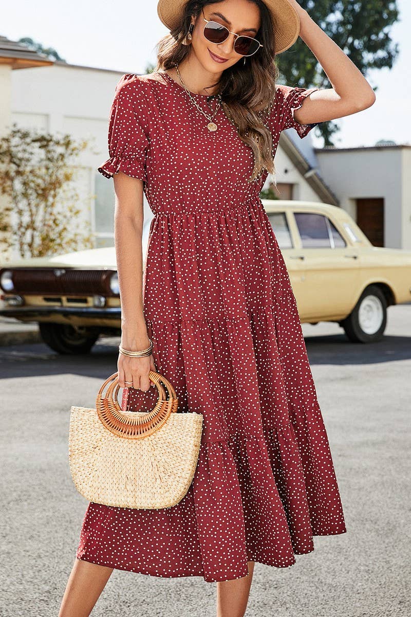 CWDMD1236_Round neck Tiered Detailed Short Sleeve Dress