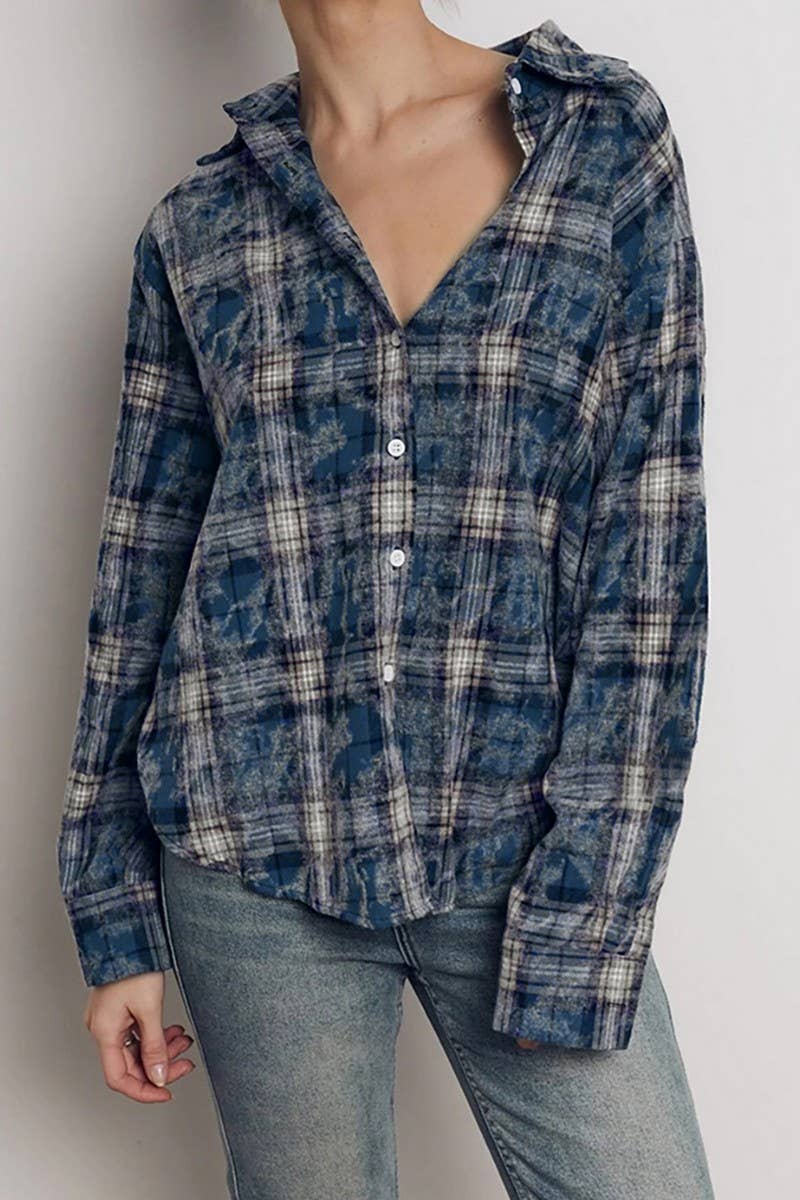 CWTBLL00625_PLAID LOOSE RUFFLED PLAID LONG-SLEEVED SHIRT