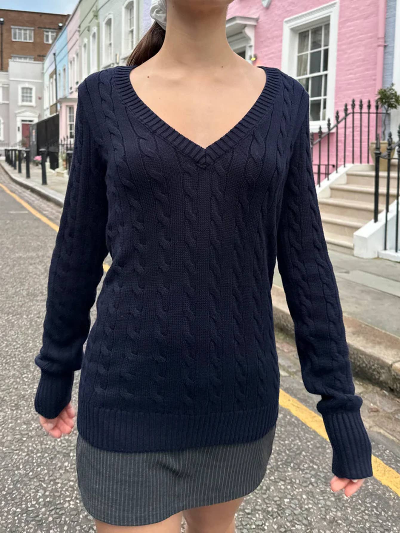 Casual simple long-sleeved V-neck woolen Sweater