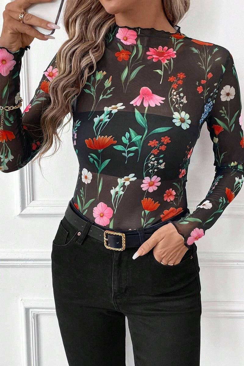 CWTBLL3467_LEOPARD PRINT MESH RUFFLED SLIM FIT TOP