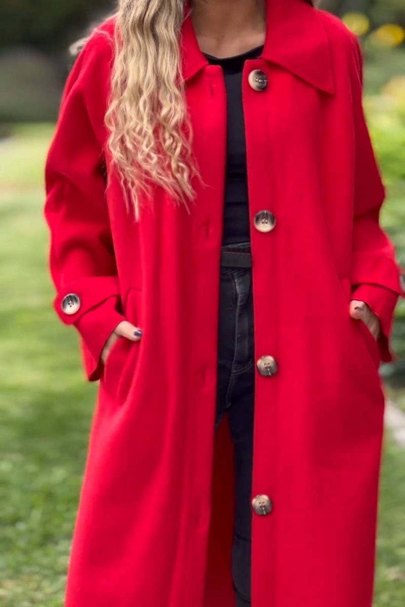 CWOCO1086_CASUAL BUTTON LONG SOLID COLOR WOOLEN COAT