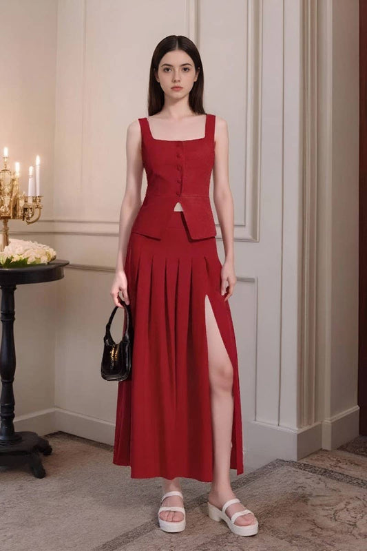 CWSTB2150_WAIST-CINCHED VEST & FLARE SLIT SKIRT SET