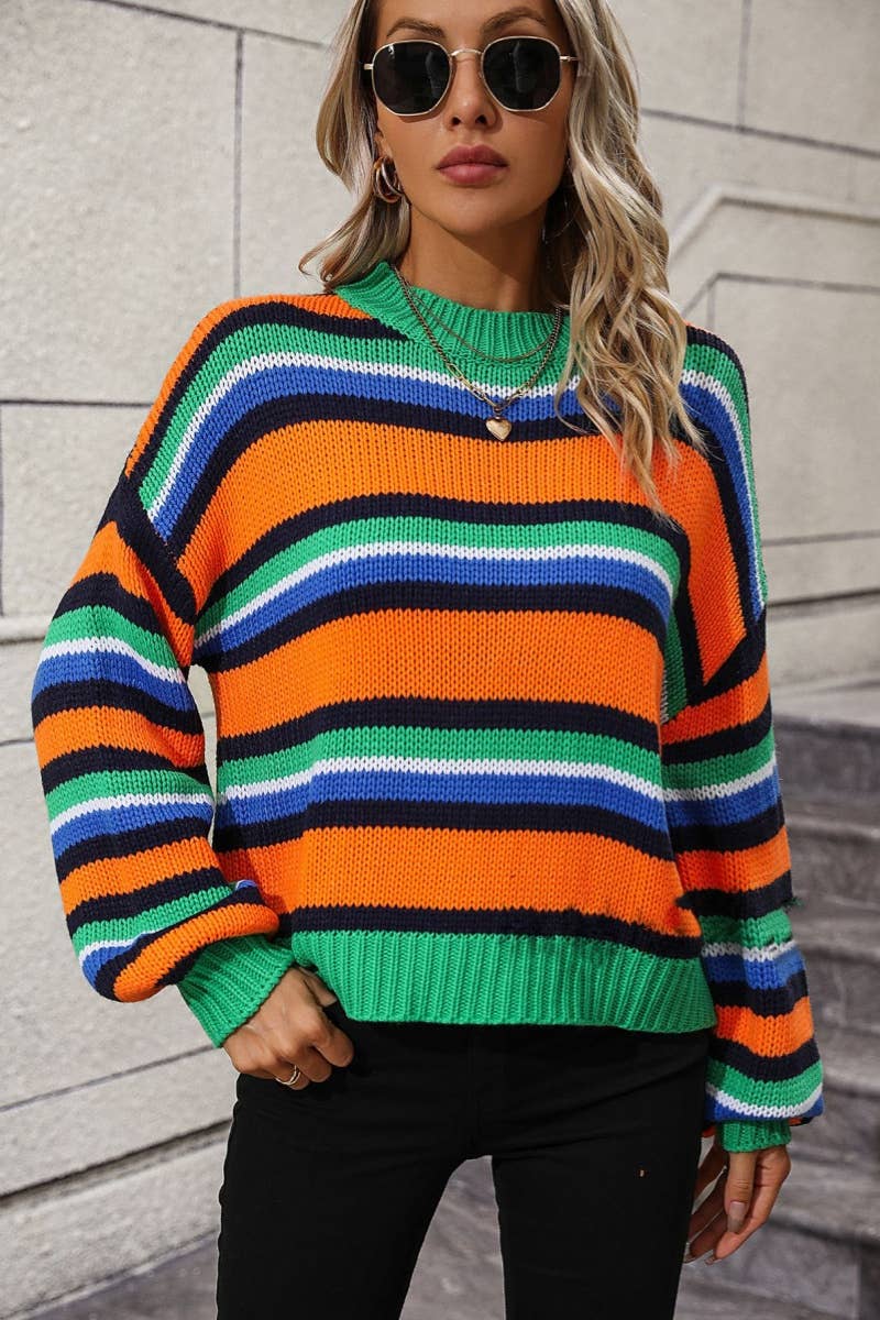 CWOSWL6487_FALL LONG-SLEEVED PATCHWORK STRIPED SWEATER