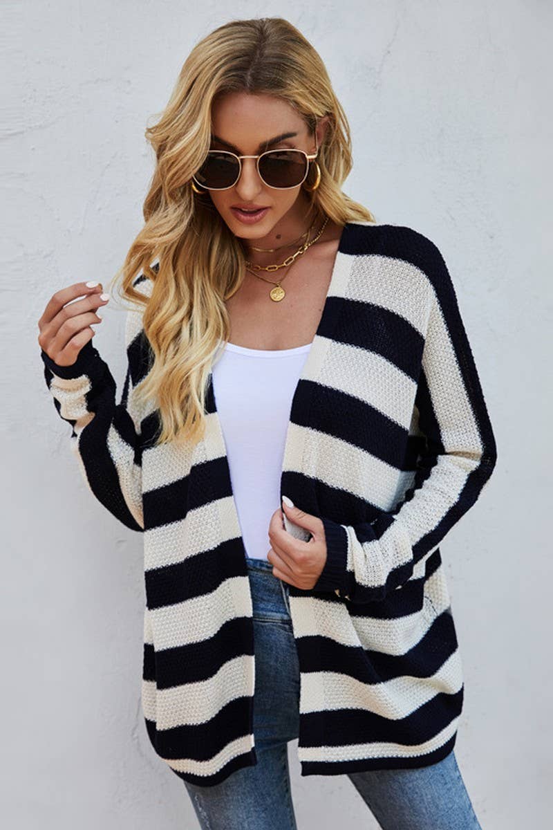 CWOCAL0778_BATWING SLEEVE LOOSE STRIPED KNIT CARDIGAN