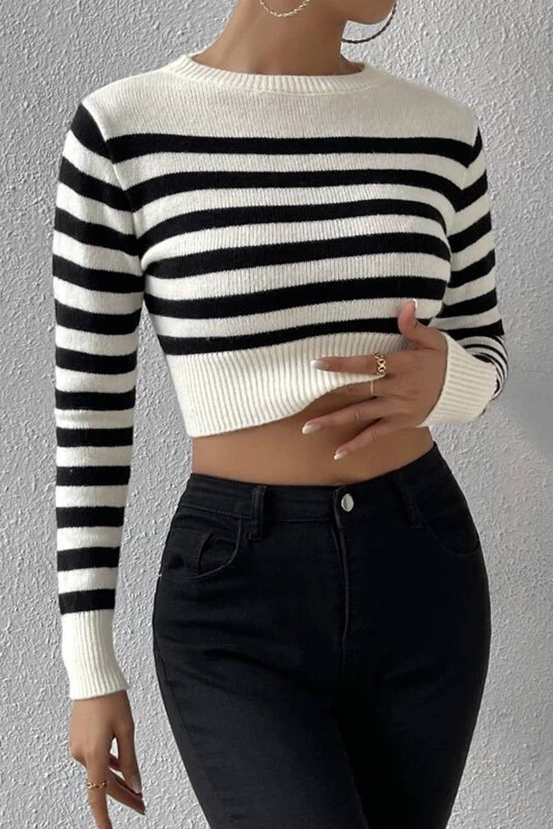 CWOSWL6270_STRIPED LONG SLEEVE CROPPED PULLOVER SWEATER TOP