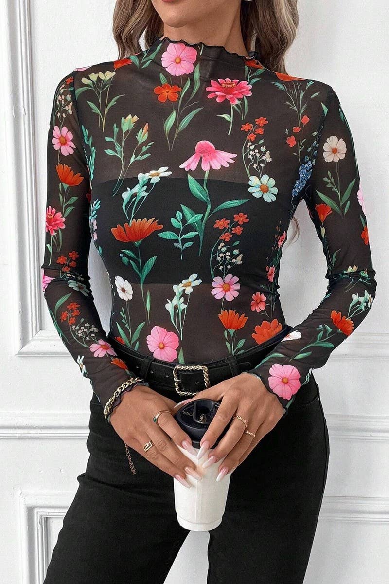 CWTBLL3467_LEOPARD PRINT MESH RUFFLED SLIM FIT TOP