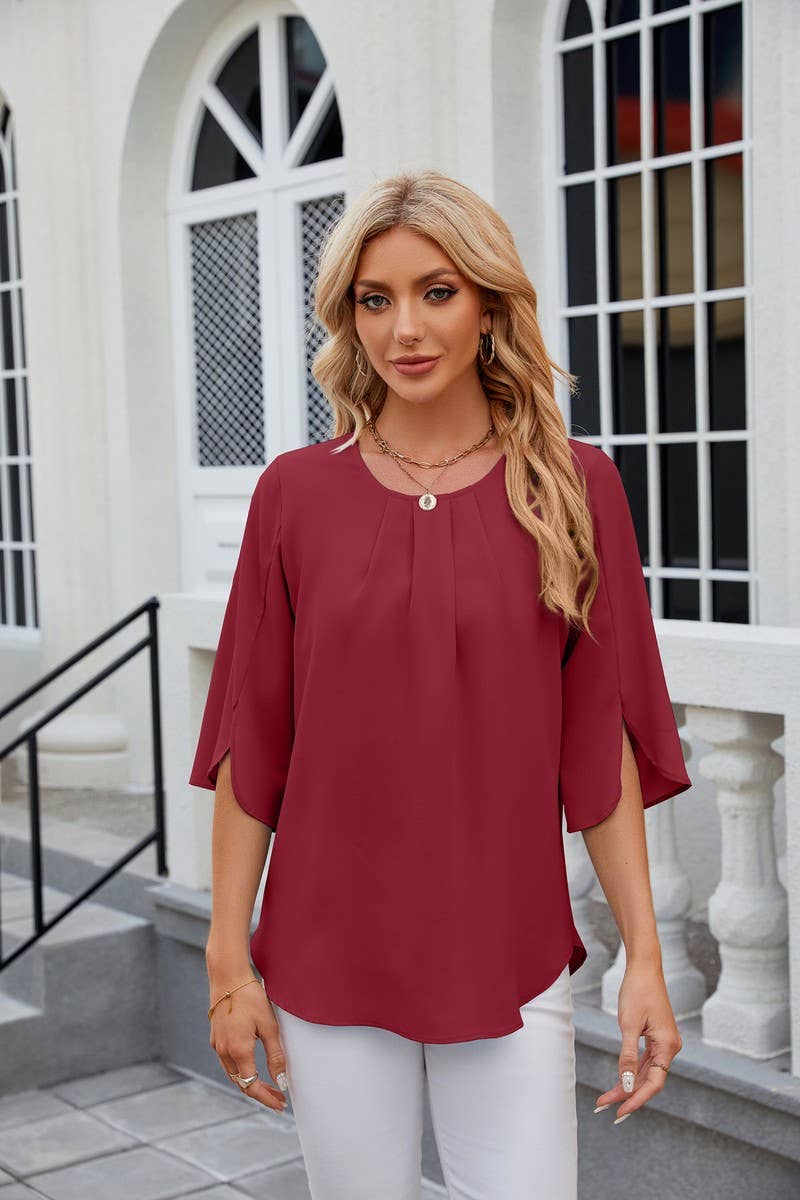 CWTBLS0434_Round Neck Short Sleeve Blouse