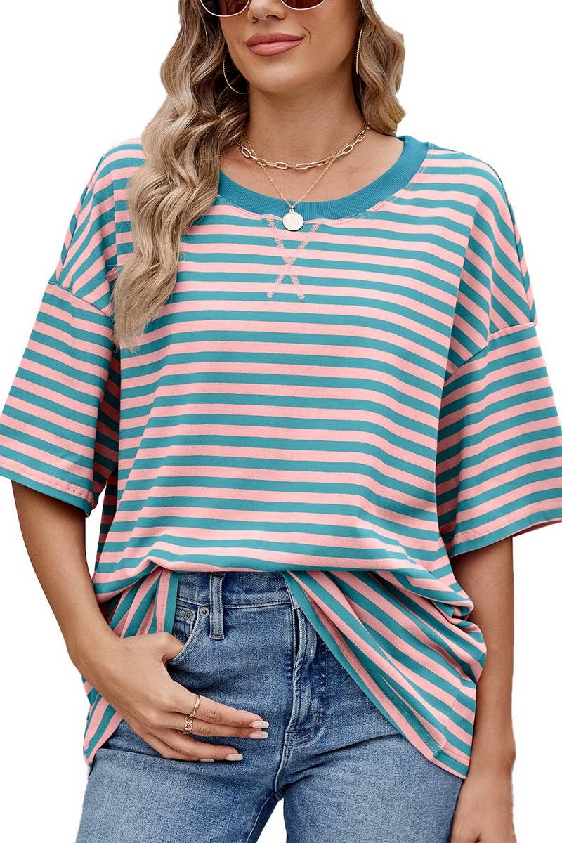 CWTTS1324_SPRING AND SUMMER STRIPED CONTRAST LOOSE T-SHIRT