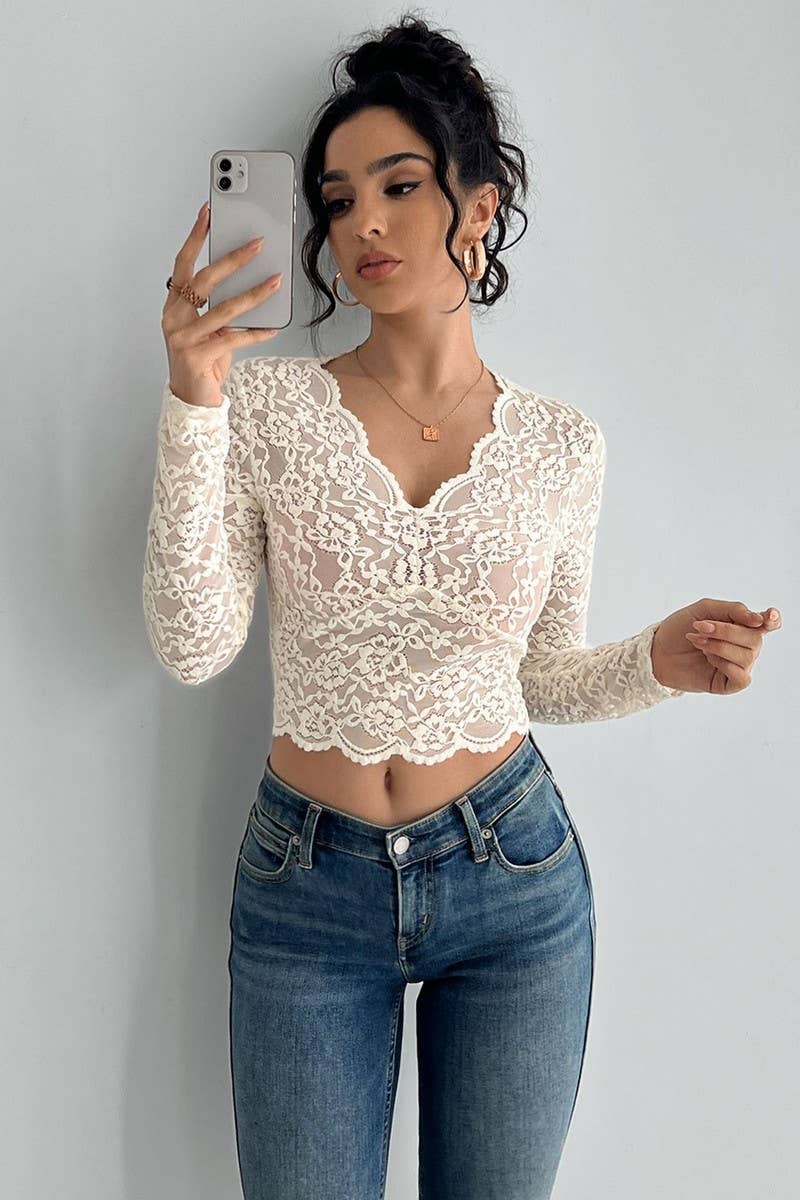 CWTBLL3928_SOLID LACE V-NECK LONG SLEEVE SEXY TOP