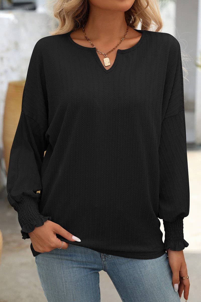 CWTBLL1814_LOOSE FIT V-NECK BATWING SLEEVE LONG SLEEVE TOP