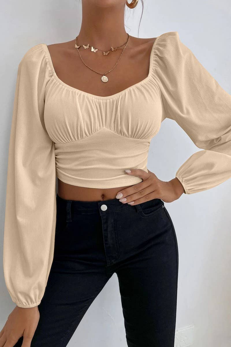 CWTBLL2226_SQUARE NECK LANTERN SLEEVES SHORT SOLID COLOR TOP