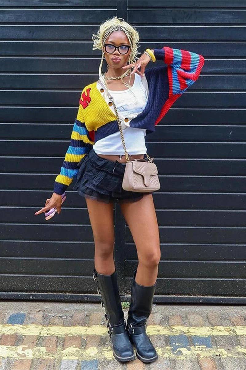 CWOSWL6919_CASUAL COLORFUL LETTER KNITTED SWEATER COAT