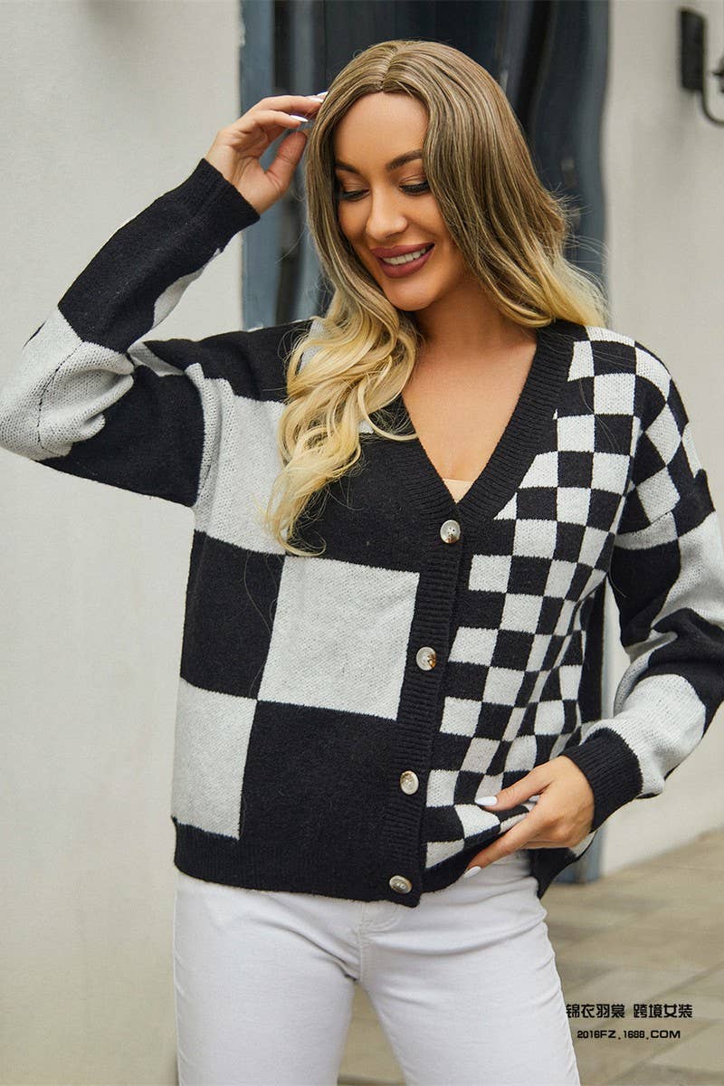 CWOCAL0925_PLAID PATCHWORK V-NECK SWEATER KNITTED JACKET