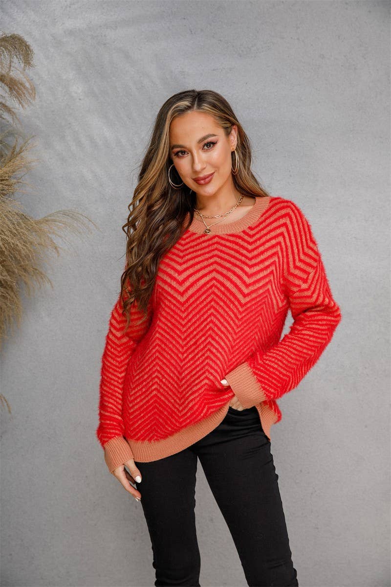 CWOSWL1707_V-neck Long Sleeve Striped Pullover Sweater