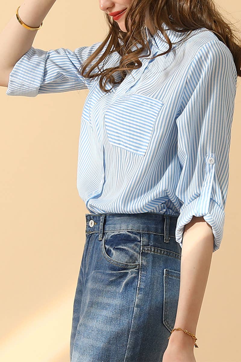 CWTSTL451_VERTICAL STRIPE BUTTON DOWN TWO POCKETS SHIRTS