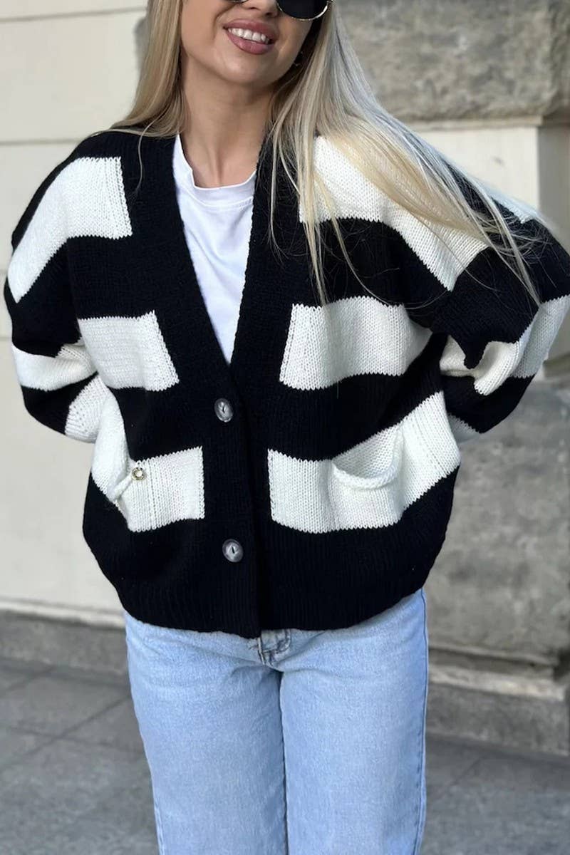 Color contrast striped loose sweater cardigan