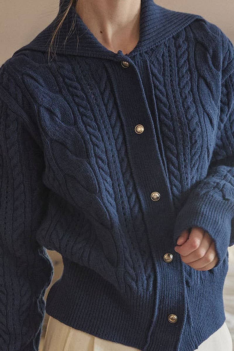 CWOCAL1812_NAVY COLLAR LONG SLEEVE TWIST BUTTON CARDIGAN