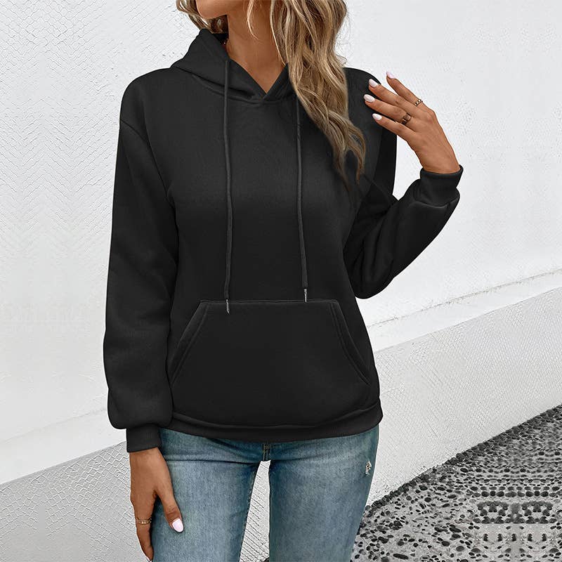 CASUAL HOODED PULLOVER SOLID COLOR POCKET HOODIE
