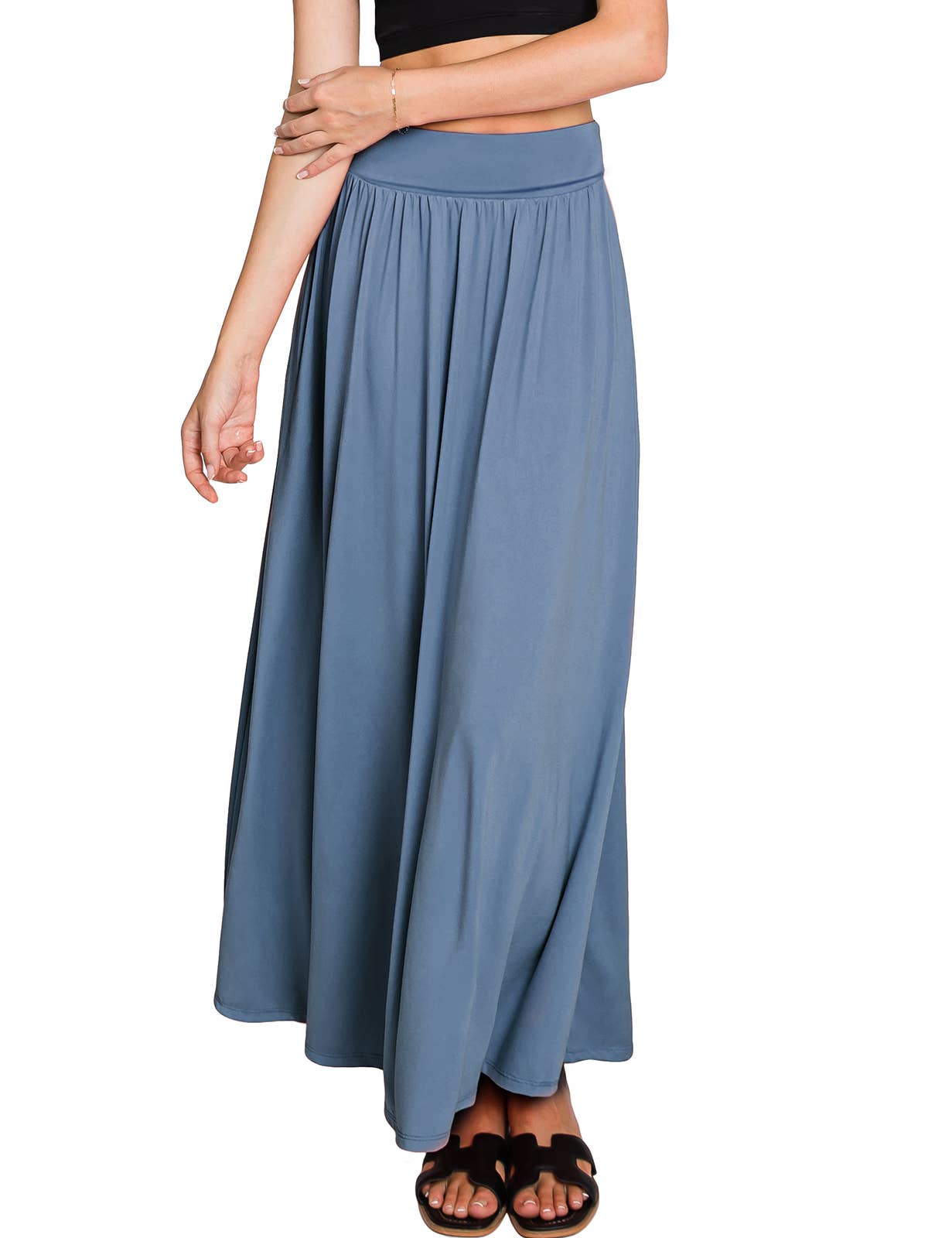 AWBLS089_High Waist Elastic Closure Gather Maxi Skirt