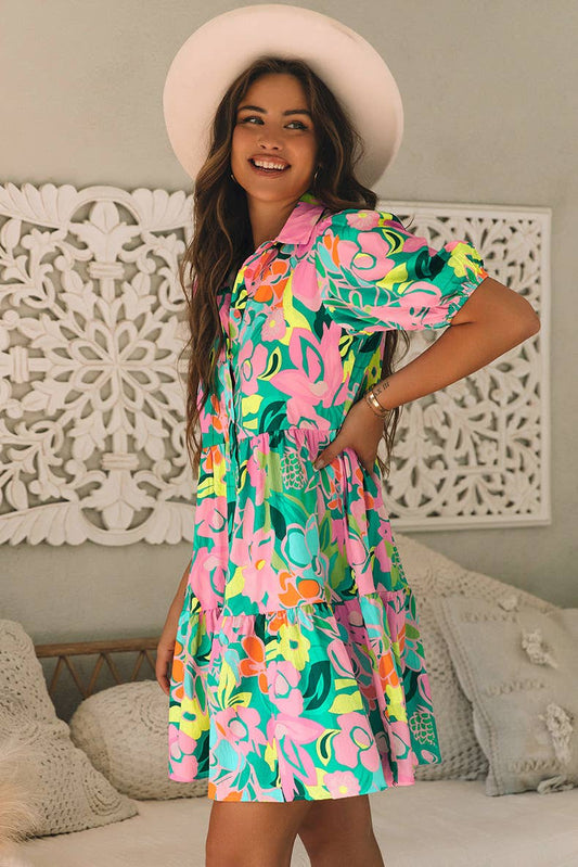 Floral printed puffed-sleeve loose short dress