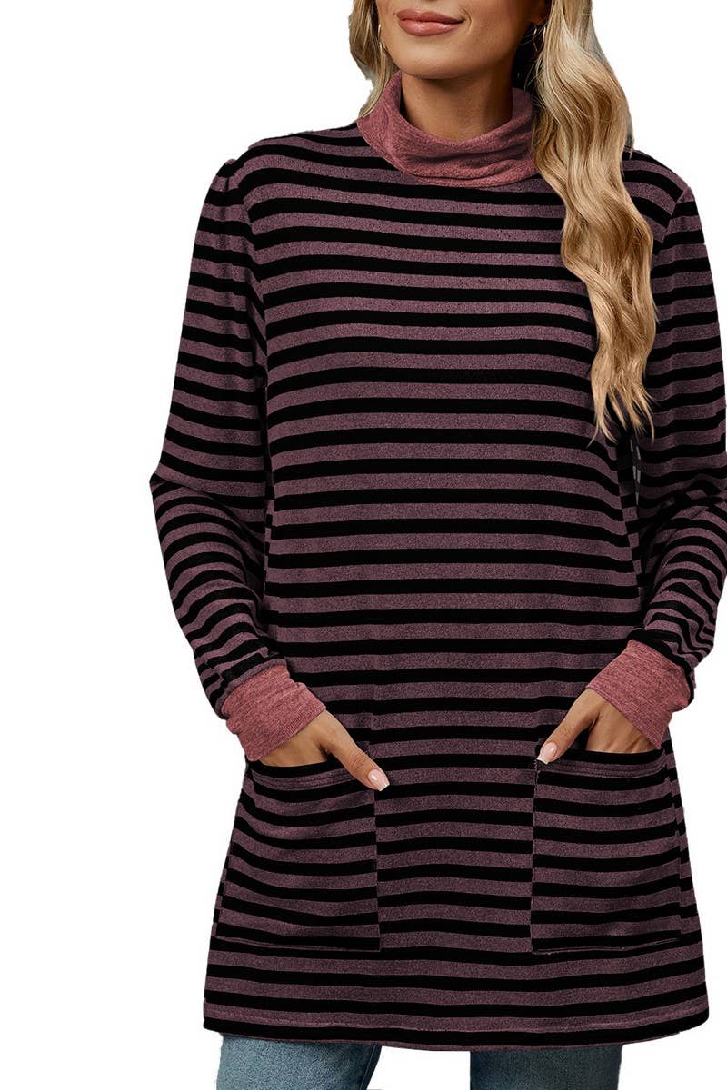 CWTBLL2357_HALF TURTLENECK STRIPED KNITTED LONG SLEEVE TOP
