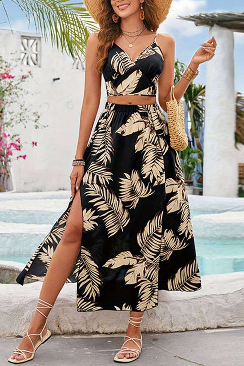 CWSS1121_SUMMER CASUAL SUSPENDER HIGH SLIT SKIRT TWO-PIECE