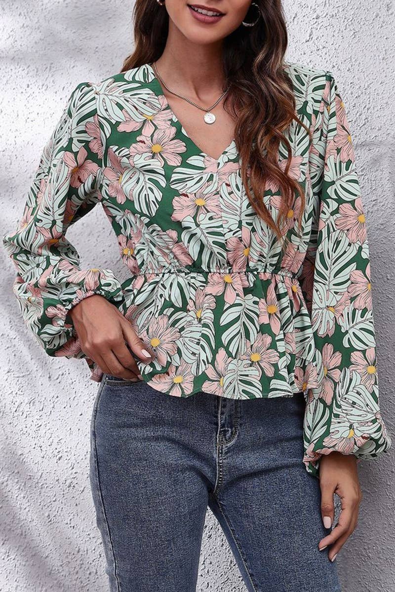 CWTBLL3759_V-NECK LANTERN SLEEVE LEAF PRINT CHIFFON SHIRT