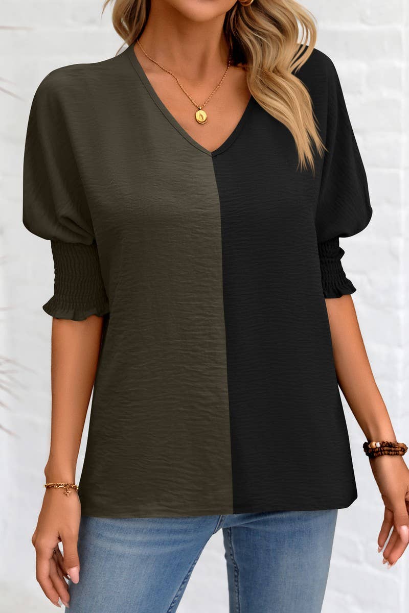 CWTBLS1501_COLORBLOCKED COLLAR LOOSE-FITTING BAT-SLEEVE TOP