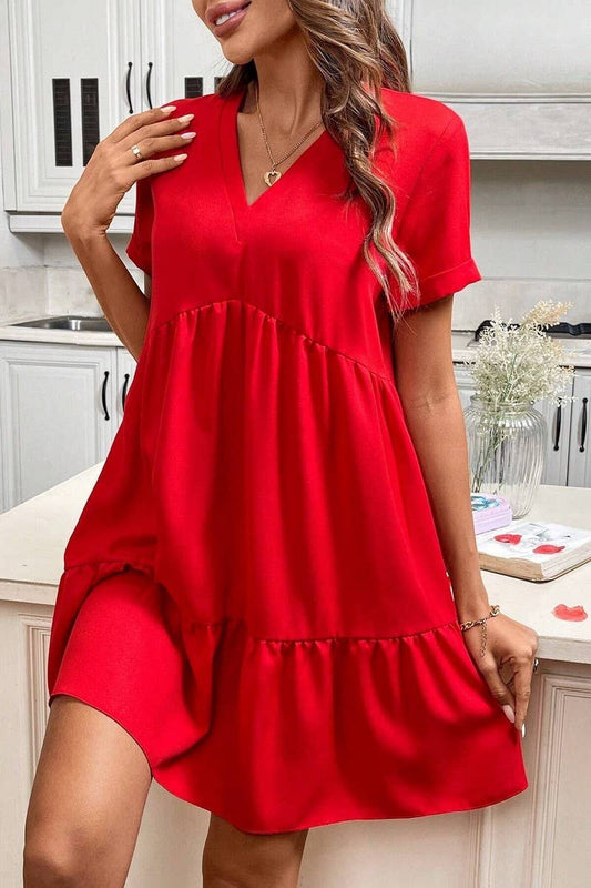 WOVEN ELEGANT V NECK CASUAL LOOSE SWING DRESS_CWDSD3109