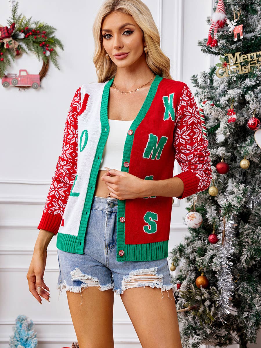 Christmas letter jacquard V-neck knit cardigan