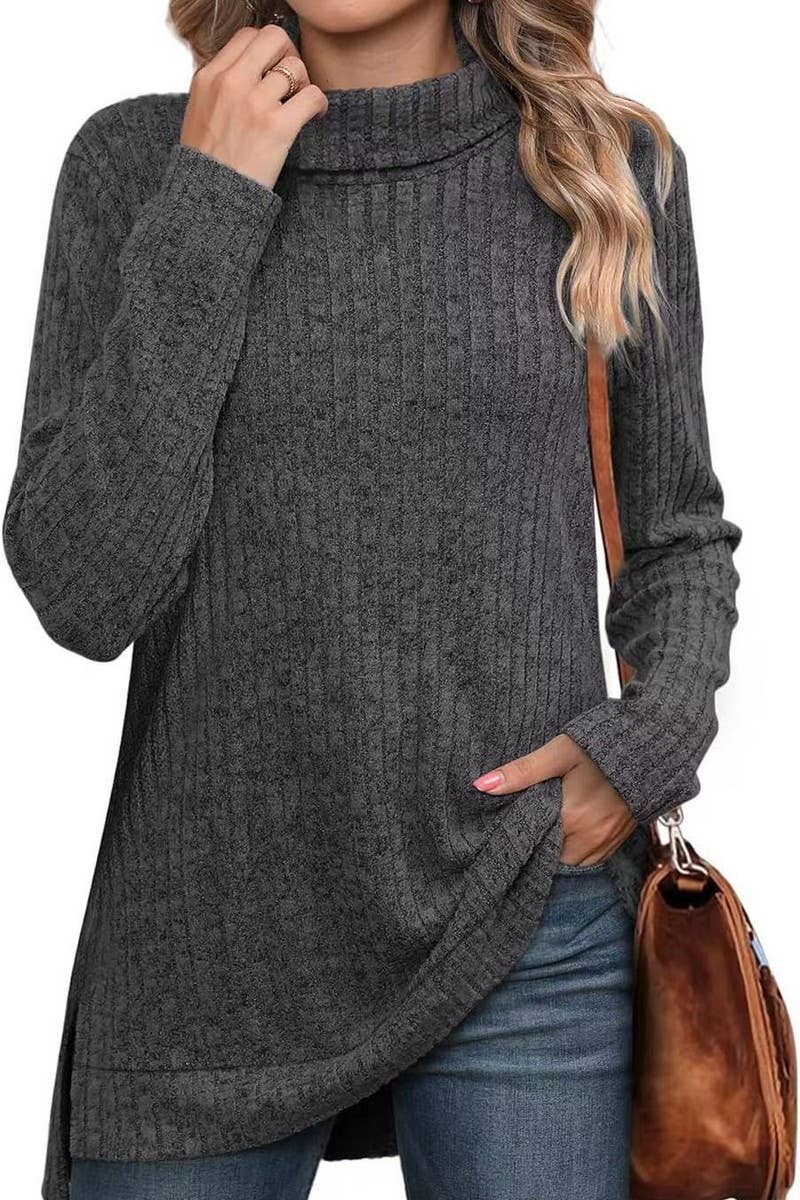 CWTBLL3684_AUTUMN AND WINTER SOLID COLOR HIGH COLLAR LOOSE T